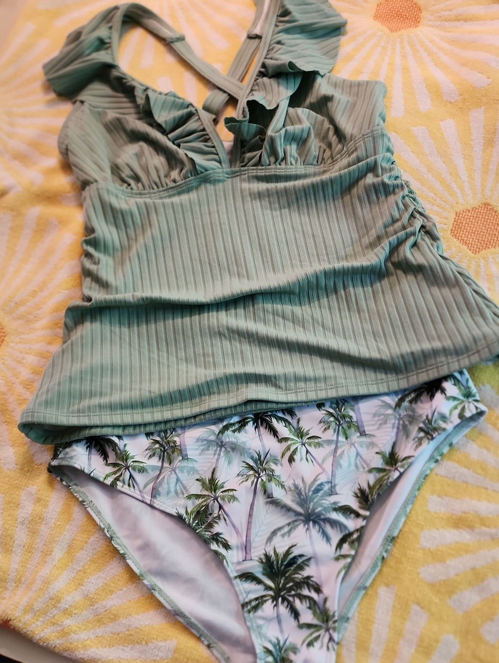 Women's Sage Green Ruffle Tankini Top and Palm-Print Bikini Bottom